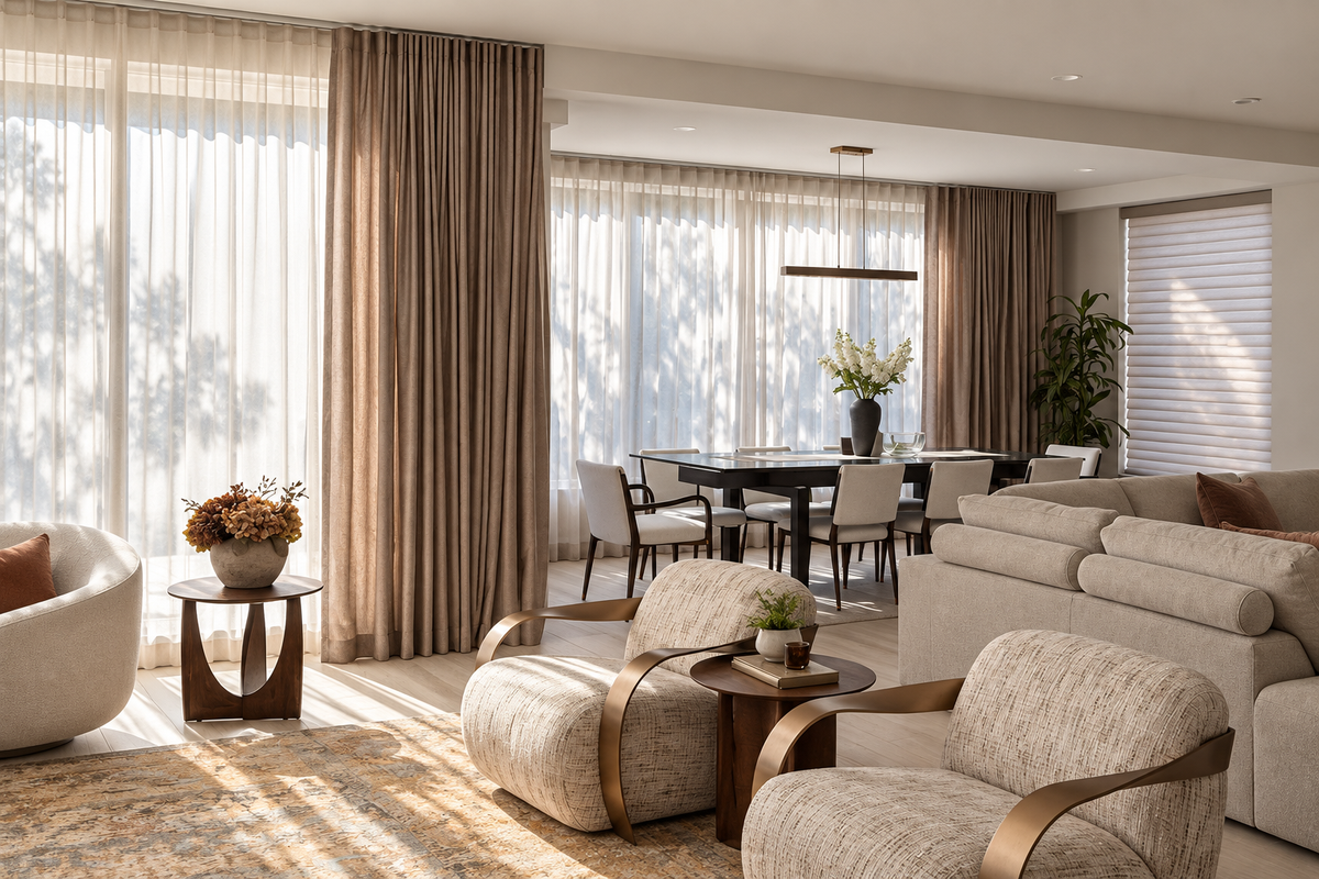 Layered ripple fold curtains and sheer shades in an open-plan living and dining room