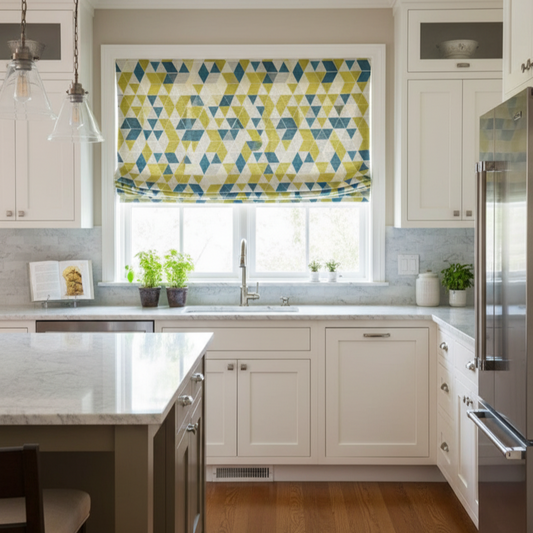 Custom Lemon Geometric Jacquard Roman Shades | MIFU Decor
