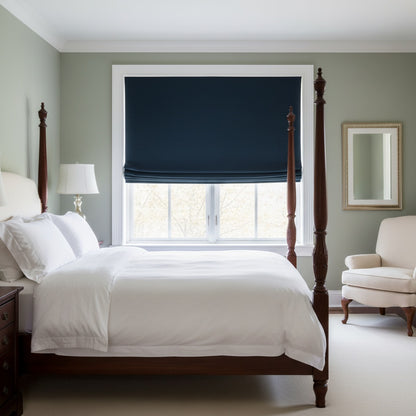 Custom Marine Navy Blue Textured Horizontal Stripe Roman Shades | MIFU Decor